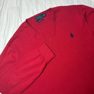 Polo‎ Ralph Lauren Mens Red V Neck Pima Cotton Sweater Size M Navy Blue Pony